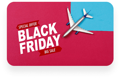 A year-end travel promotion banner showing a hand holding a ticket through an airplane window.