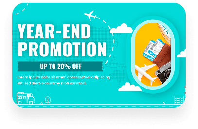 A year-end travel promotion banner showing a hand holding a ticket through an airplane window.