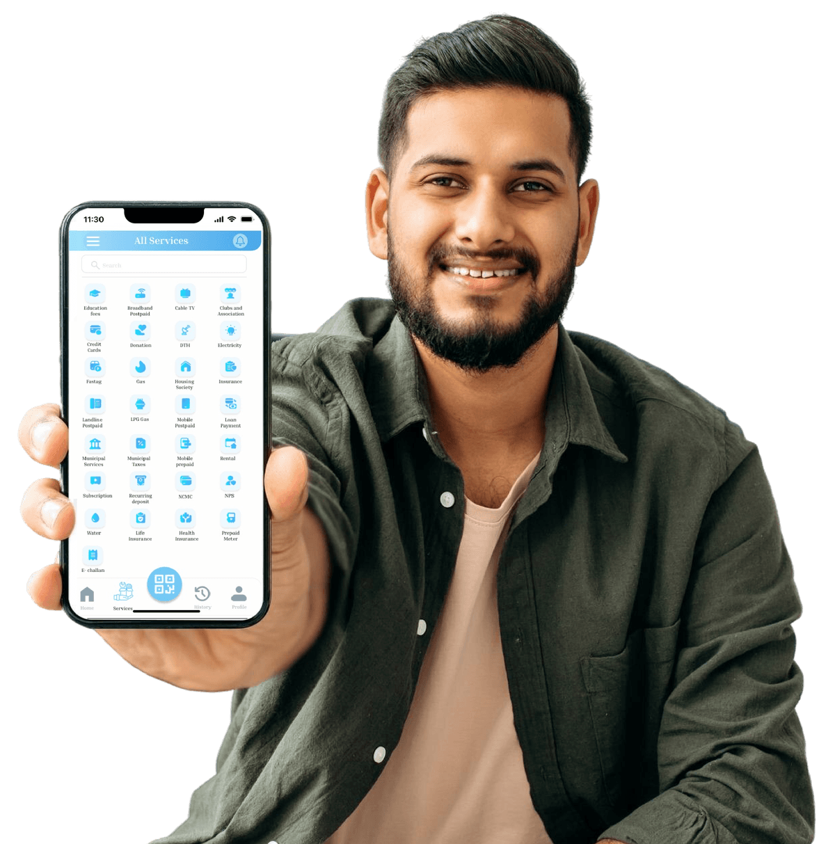 Happy person using phone for utility services